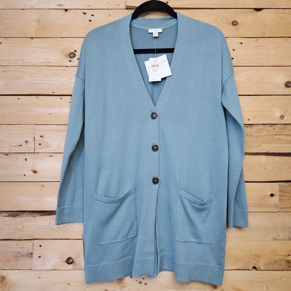 J Jill Cardigan Sweater XS Blue Sage Long Sleeve Pockets Button V-Neck